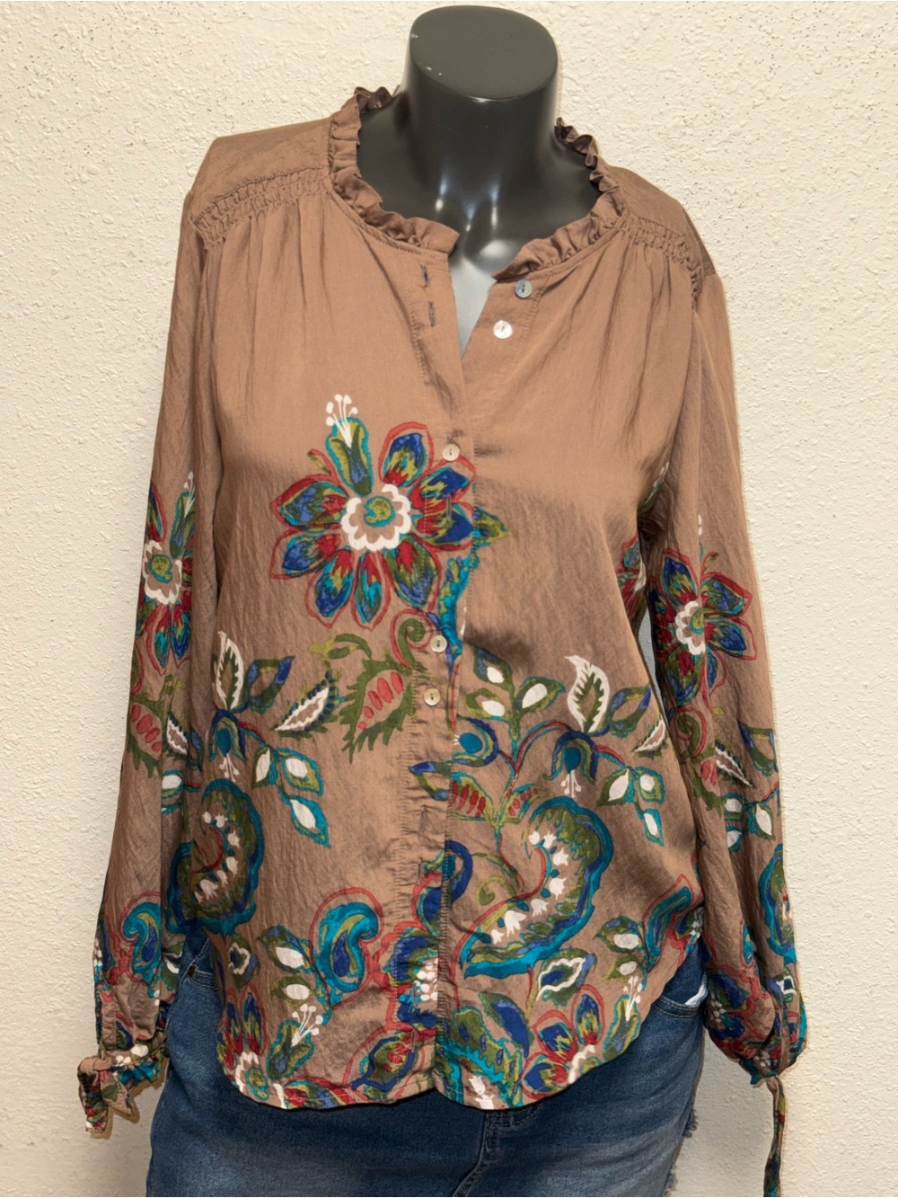 JohnPaulRichard Brown Button-Front Top with Colorful Floral Embroidery